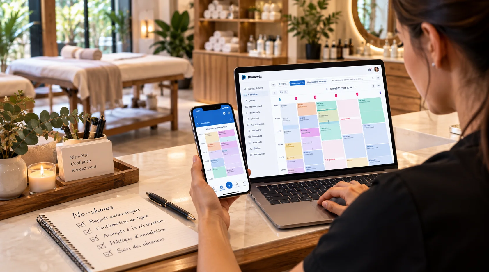 Une gérante de spa consulte l’agenda Planevia sur son ordinateur et son téléphone